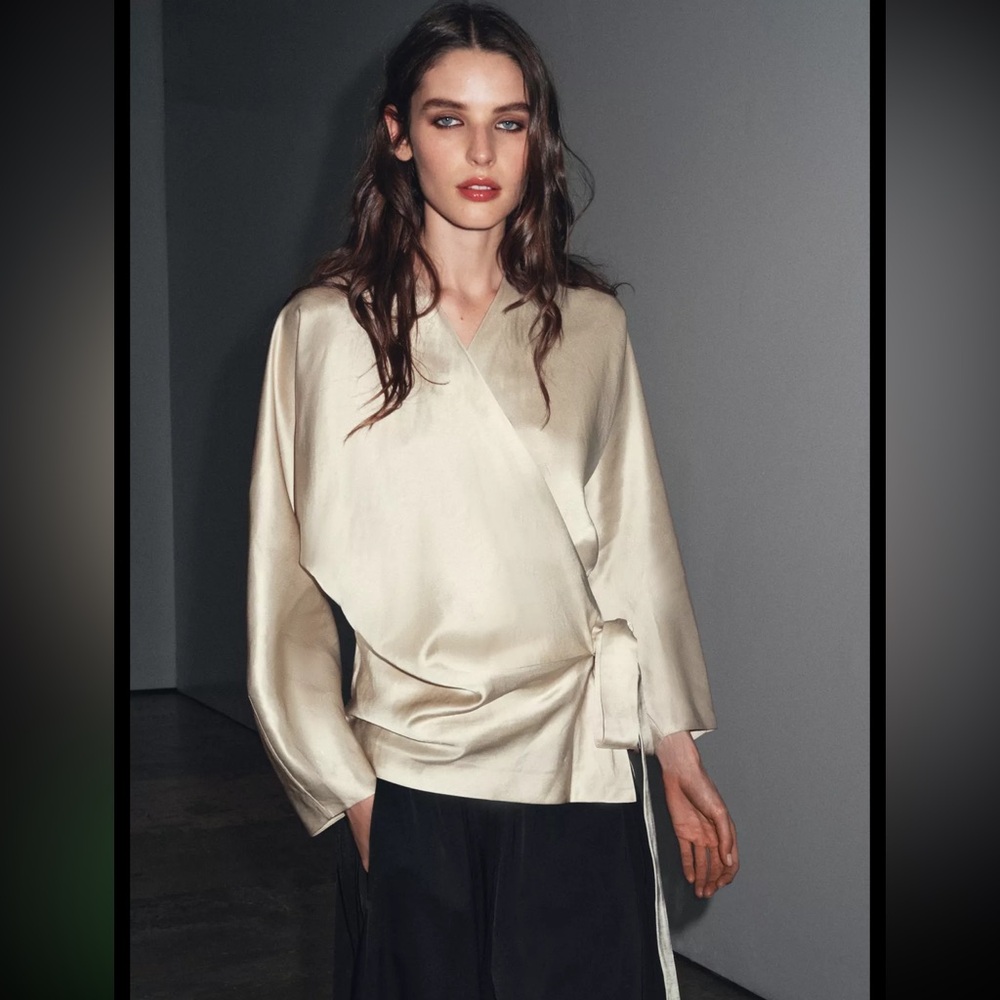 Zara limited edition linen blend ZW COLLECTION LINEN WRAP BEIGE Blouse